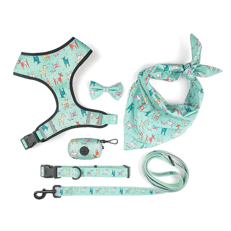 Dog Harness Collar Leash Set Adjustable Dog Collar With Bow tie Poop Bag Triangle Scarf Set For Dogs With Cute Print Pet Product