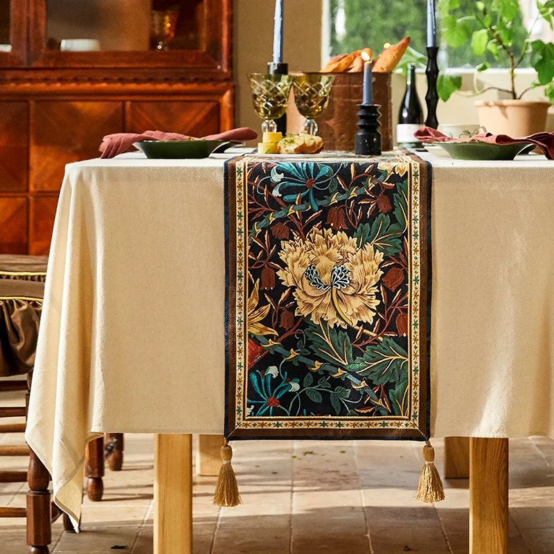 

Golden Lotus Table Runner Retro Home American Elegant Tablerunner Teatable Golden Silk Chenille Cabinet Decorative Tablecloth