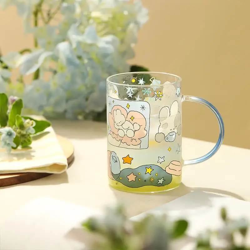 

Blue Lotus Home Tea Strainer Cup Office Drinking Water Cup with Lid And Handle High Aesthetic Value Heat Resistant Glass Cup