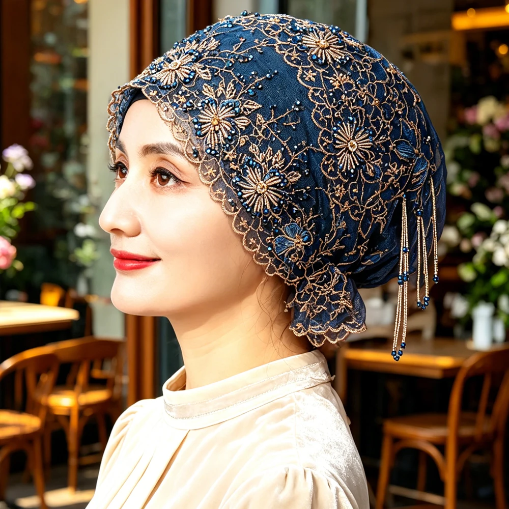 

Muslim Hijab Bonnet Lace Prayer Hat Women Islamic Turban Crystal Tassel Beads Head Wrap Headband Beanies Headscarf Wedding Cap