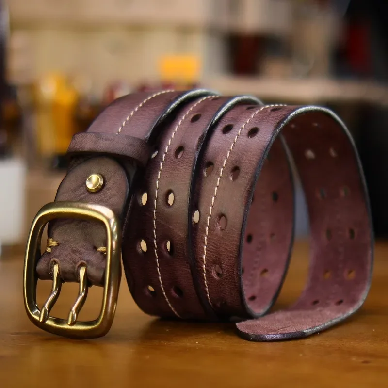 Top Grain Cowhide American Vintage Style Double Pin Brass Buckle Belt Hand Craft Layer Leather Belt 38mm Width