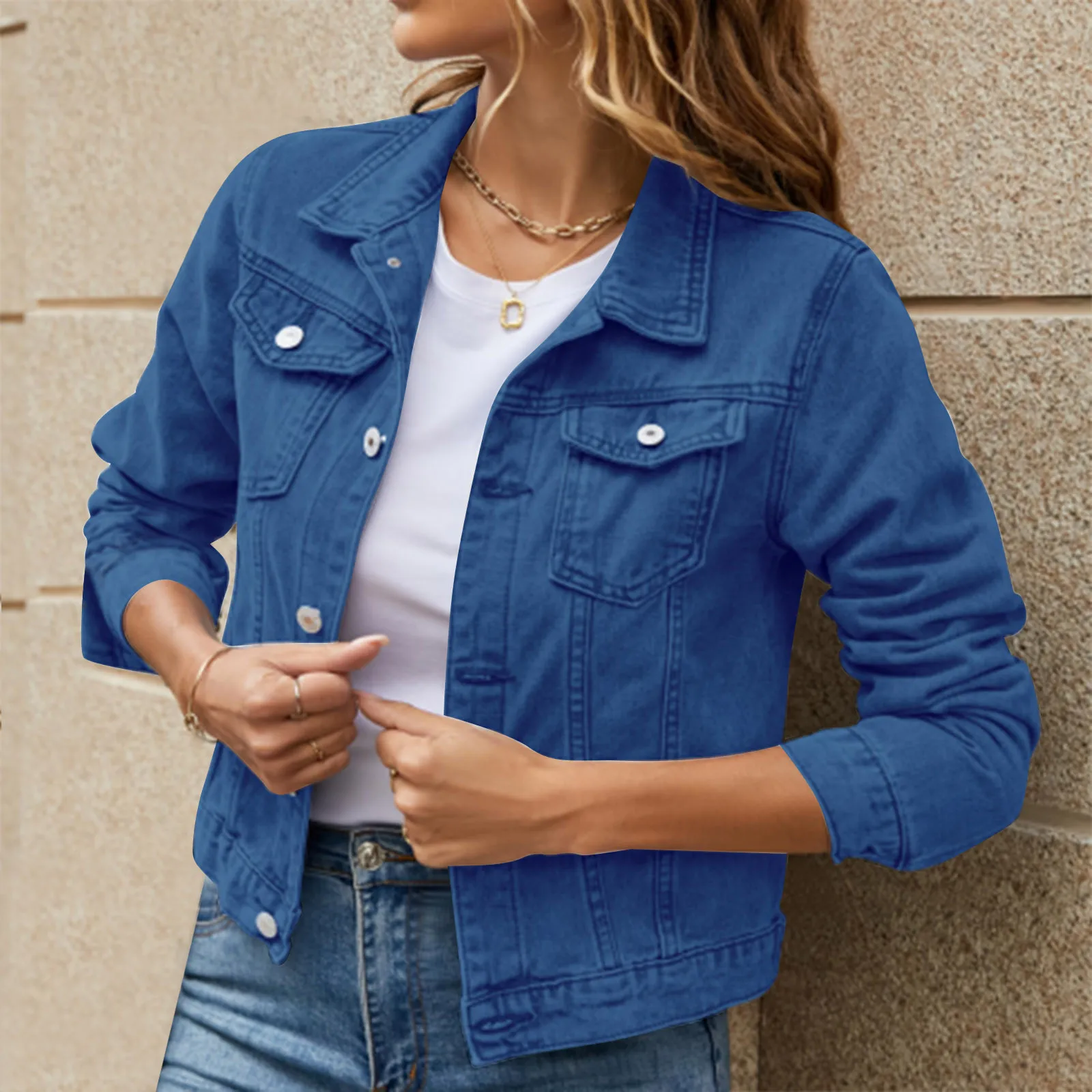 

2023 Women's Solid Color Denim Jacket Casual Turn-down Collar Long Sleeve Button Down Chest Pocket Jean Jacket Autumn Streetwear