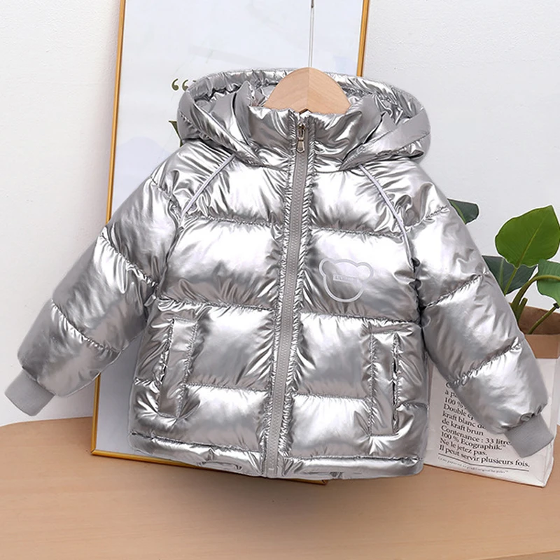 Winter New Boys Girls Thick Jacket Cartoon Bear Glossy Antifouling Lining Plus Velvet Keep Warm Hooded Snowsuit For 2-6 Years