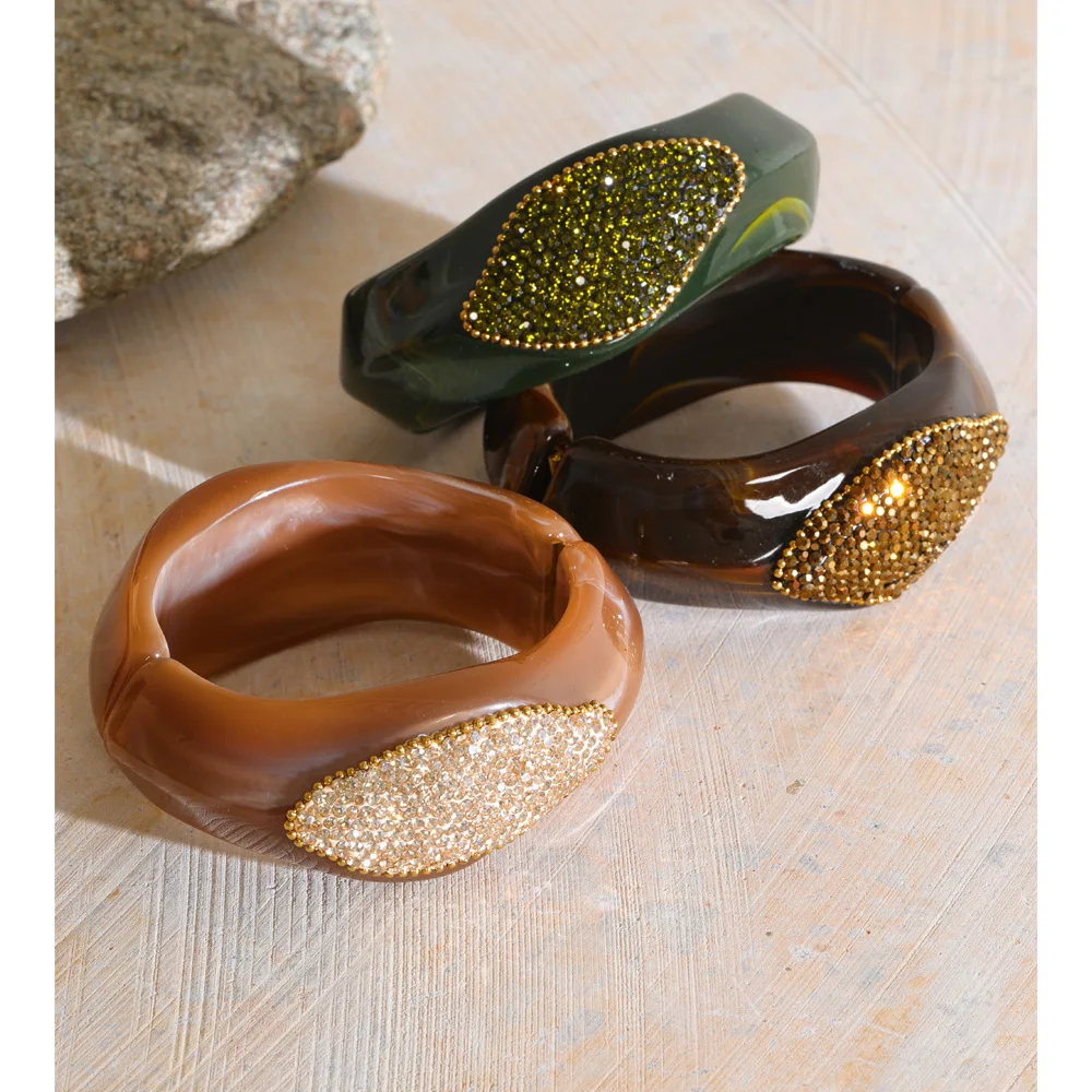 Yhpup Green Coffee Champagne Color Resin Rhinestones Statement Bracelet Bangle Autumn Winter Style Exaggeration Wrist Jewelry