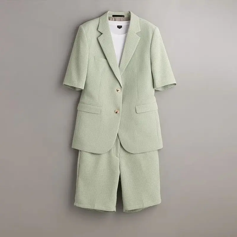 

KIDWHXR Man Summer Suit Set British Style Business Causal Male 2-piece Outfit Thin Single-breasted Blazer Straight-leg Shorts