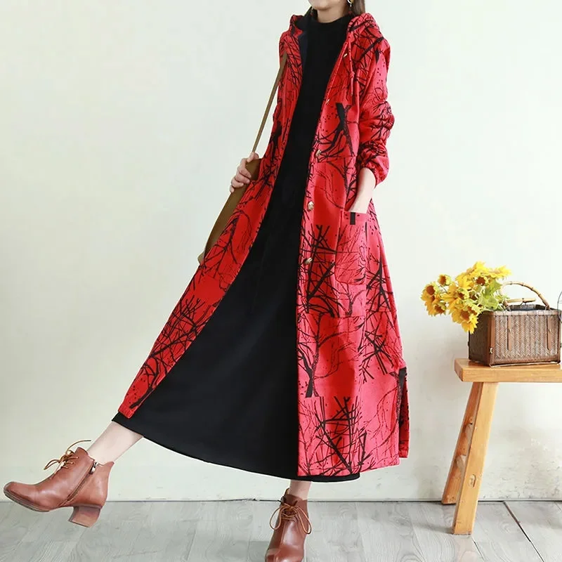 Retro Art Plush Women's Coat 2023 Autumn and Winter New Print Hooded Long Windbreaker female Wide Songsen Women Commuter Montage