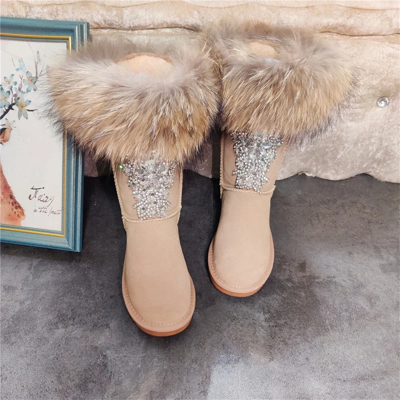 Luxury rhine-diamond pearlescent white snow boots natural fox hair short tube warm women's large size flat shoes 35-44