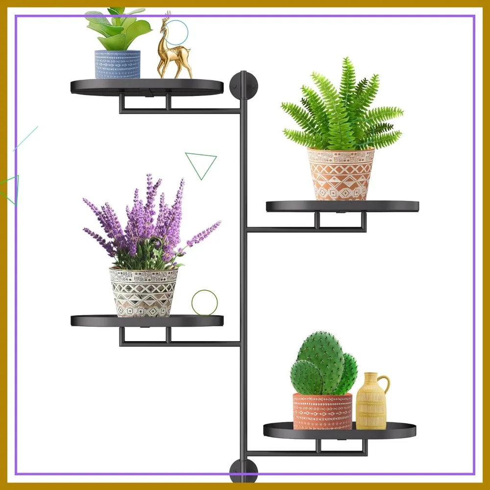 حامل نباتي دوار مكون من 4 طبقات، رف تثبيت على الحائط معدني أسود للنباتات الداخلية لديكور المنزل