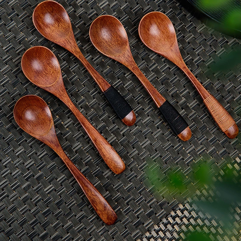 5pc Curved Handle Spoon Household Small Hand-made Winding Retro Style Restaurant Hotel Solid Wood Honey Coffee