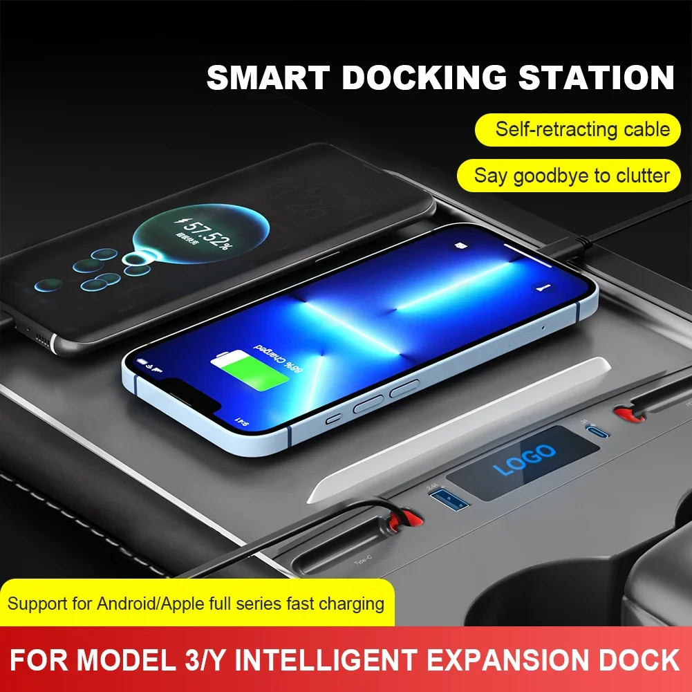 For Tesla Model 3 Y Intelligent Docking Station 27W Quick Charger USB Shunt Hub Retractable Car Charger Central Control Splitter