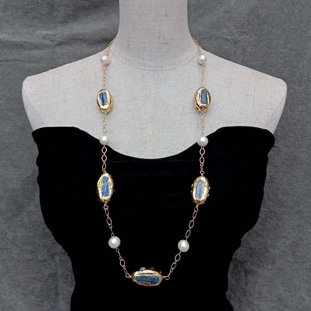 

KKGEM 19x32mm Blue Kyanite Multi Color Tourmaline Rough 13mm Freshwater White PearlLong Station Necklace