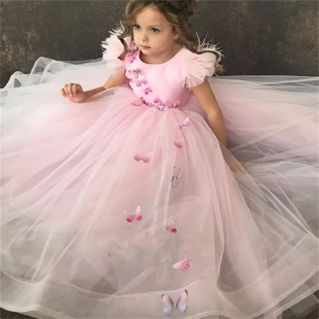 

Pink Appliqué Flower Girl Dress Birthday Beauty Pageant Sacrament Baby Party First Communion Custom Princess Outfit