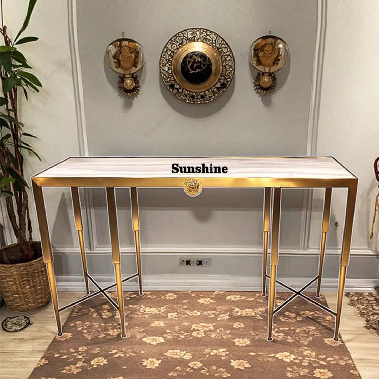 Stainless steel entrance table, living room strip case partition, simple marble against the table wall