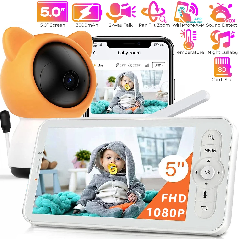 Baby Monitor Wifi da 5 pollici con App per telefono, Zoom 4X 1080P visione notturna conversazione a 2 vie Babyphone elettronico batteria da 3000mAh, Storag per scheda TF