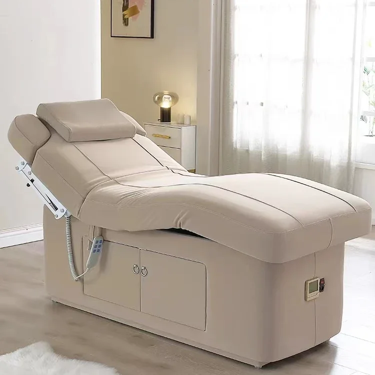 For Hot sale luxury beige beauty salon bed 2 motors electric massage cosmetic table chair facial spa bed