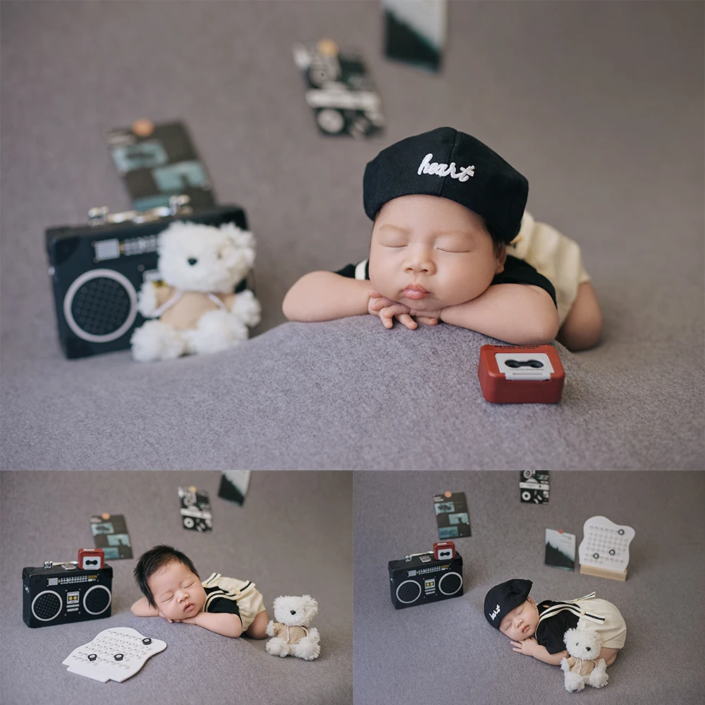 

Soft Grey Newborn Photography Props Baby Costume Set Bear Doll Vintage Radio Photo Decor Props Studio Baby Shooting Accessories
