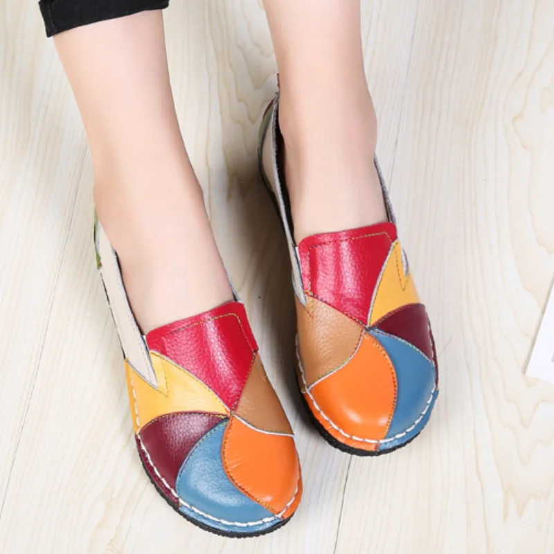 Retro Thick Heel Soft Sole Leather Shoes Autumn New Ethnic Style Large Size Women Shoes Second Layer Cowhide Color Matching