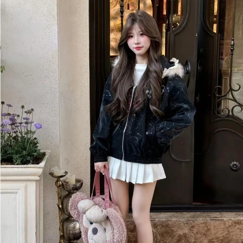 Sweet Kawaii Cat Ear Hood Jacket Faux Fur Lace Trim Cartoon Embroidery Zip Up Cropped Loose Fit Casual Daily Female Clothes 2026