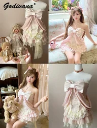 New Summer Romantic Girls Sweet Pink Bow Lace Tube Top Doll Shirt and Lace Skirt 2 Piece Suit Princess Outfits Lolita