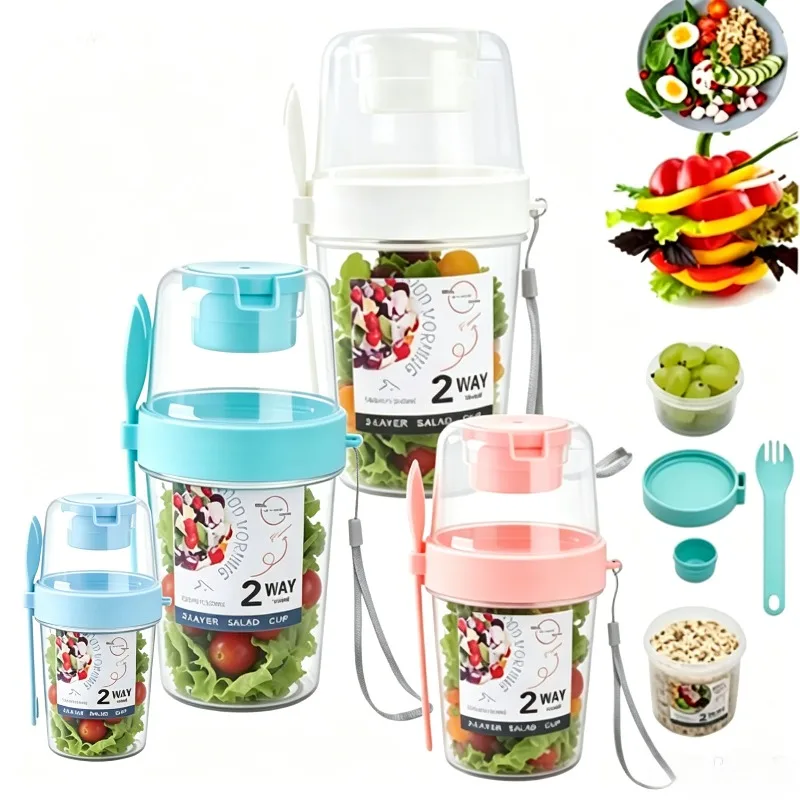 Portable Salad Cup Double Oatmeal Cup Yogurt Nut Fat-Reduced Vegetable Fruit Box Cup with Lid Spoon Breakfast Lunch Box