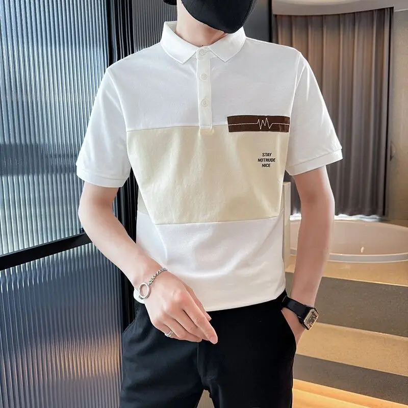 Men's Summer Short Sleeve Polo Shirt Business Casual Slim Fit Color Block Contrast Collar T-Shirt Korean Style