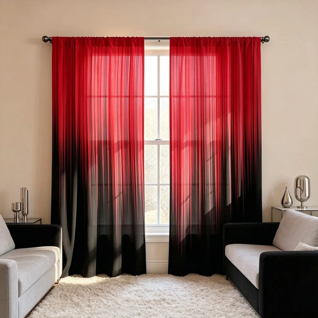 2PCS Red‑Black Gradient Vertical Stripe Sheer Curtains, Light Filtering Window Drapes for Home Decoration