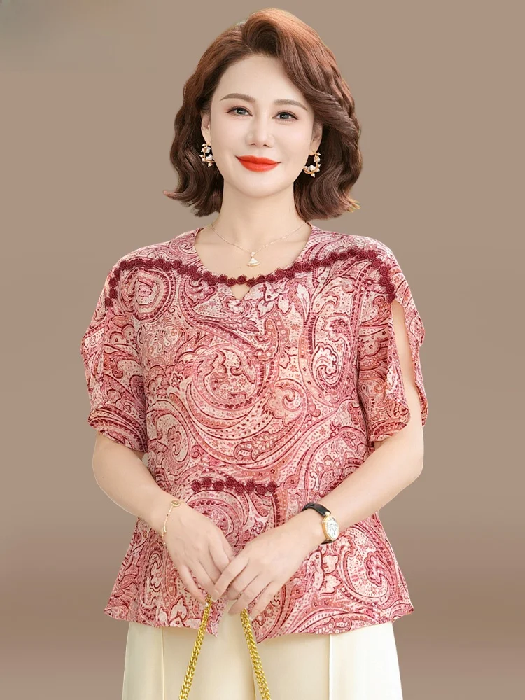 

Ele Summer Outfit Set for Middle-Aged Mothers Ladylike Chiffon ort-Sve irt Loose Fit Faionable Korean Sle