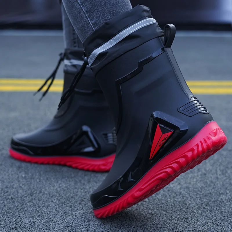 New ,Rain Boots Men's Waterproof Drawstring Rain ,Shoes Velvet Padded Suit, Warm Non-Slip Flat Fashion Take-out Rider Rain Boots - Image 2