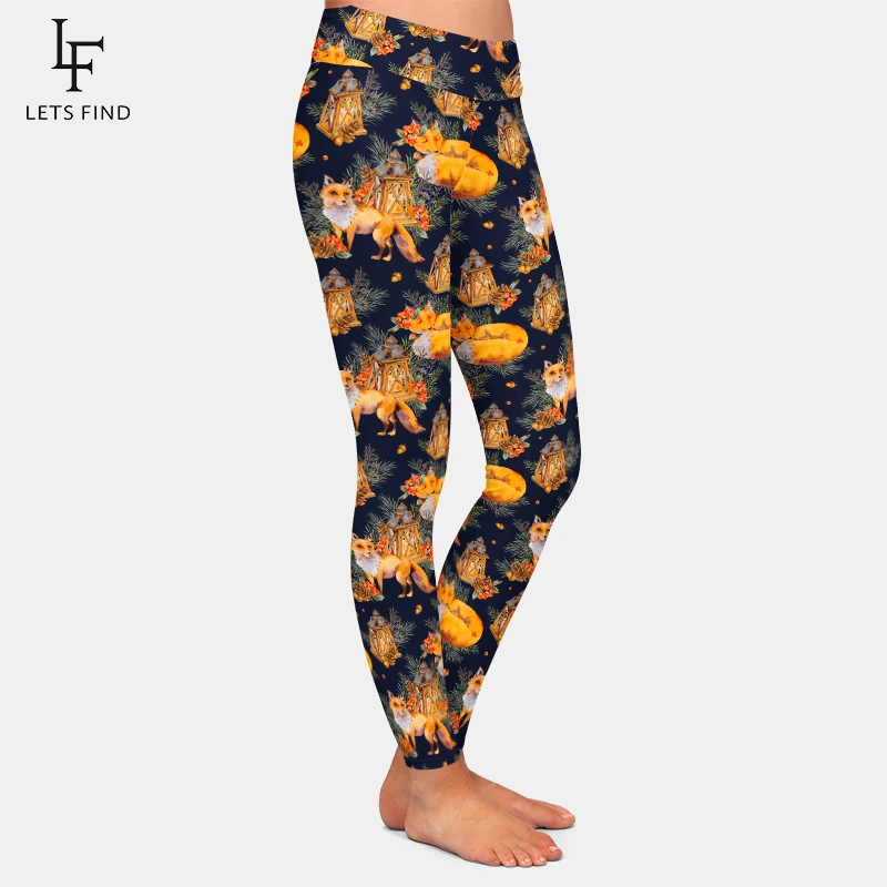 LETSFIND 220gsm Double Side Brushed Milk Silk Printing Cute Fox, Rustic Lantern Women  Pant High Waist Fitness Leggings