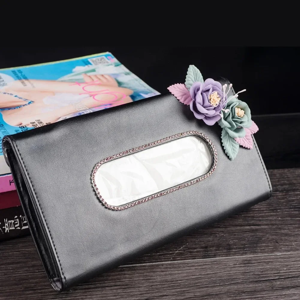 Leather Auto Paper Towels Holder with Flower for Women Girls Car Styling Accessories Black Sun Visor Type Car Tissue Bag Box