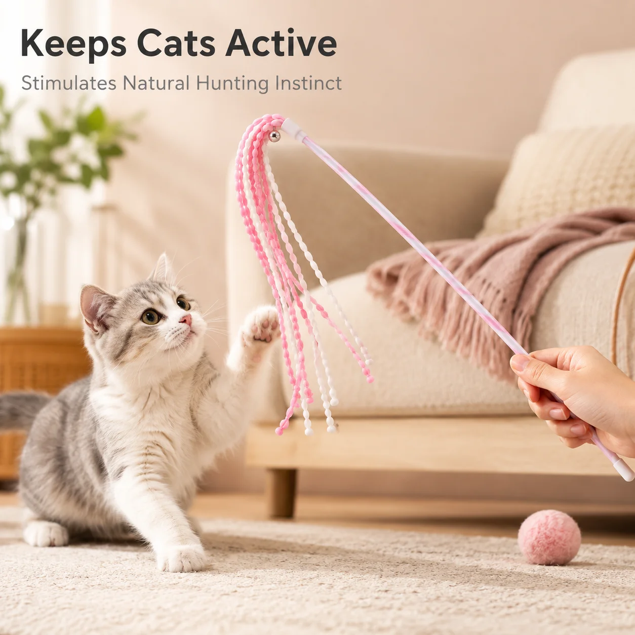 Pink Cat Wand Toy, Fairy Wand Design with Squeaker, Interactive Chasing Toy for Cats