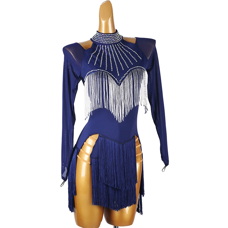 Nieuwe Latin dans franje jurken op maat sexy backless lange mouwen jurken tango chacha samba professionele prestaties kostuums