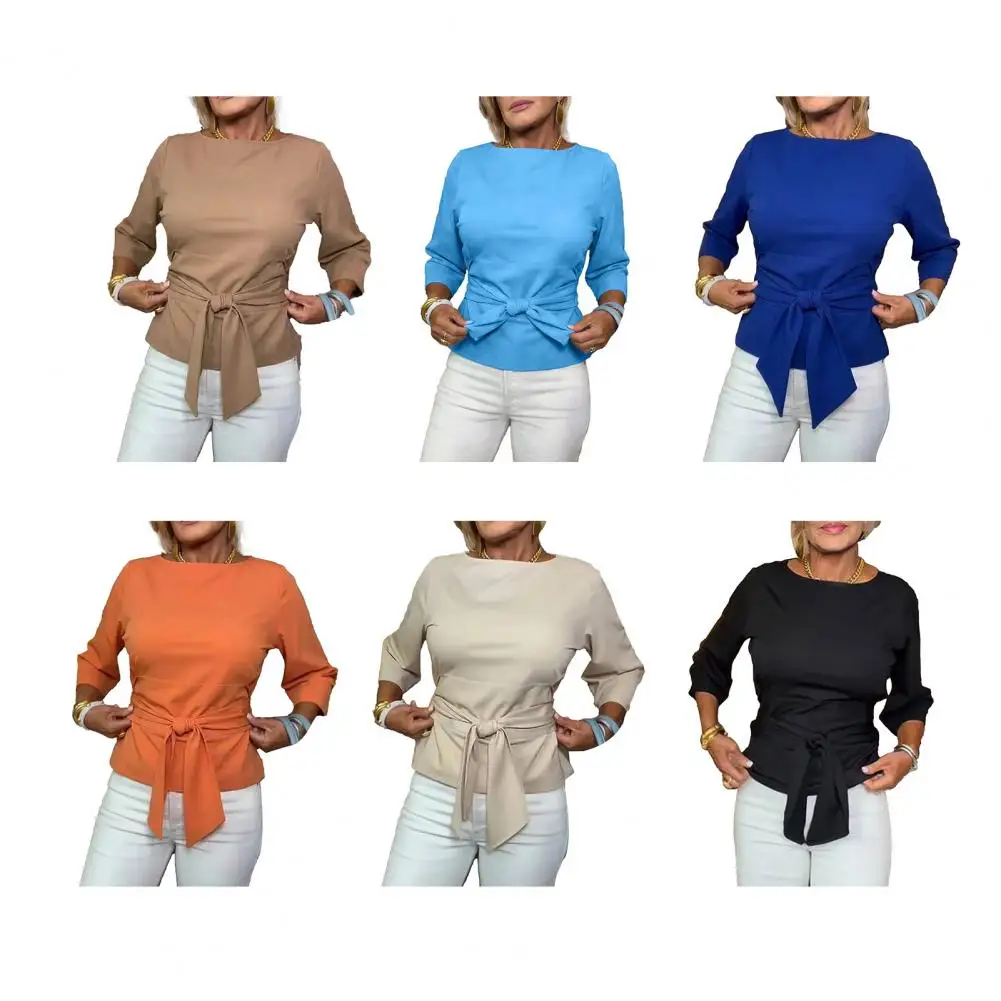 

2026 Women Autumn Winter Long Sleeve Top Trendy Solid Color O Neck Tee Shirts Tops Lace Up Blouse Lace-Up Knot Shirt Tops