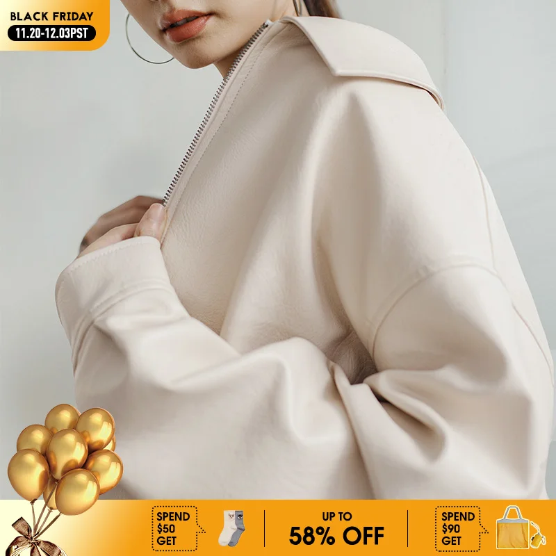 

Maden Retro Beige Leather Jacket with Lapel Collar Loose Fit Motorcycle Style Short Jacket Versatile Outerwear Tops for Women