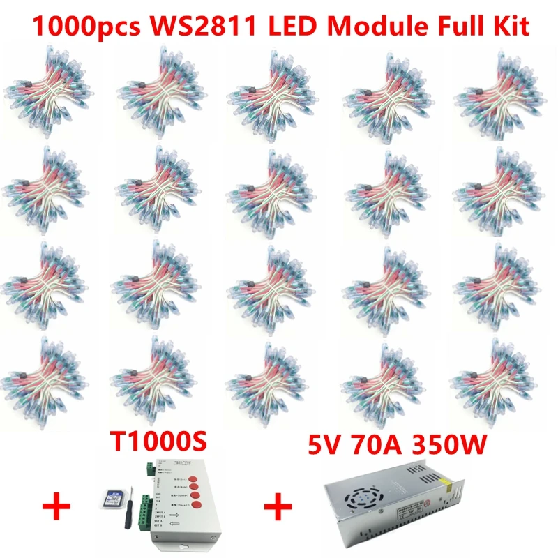 1000pcs WS2811 Led Pixel Modules DC 5V 12mm Full Color Waterproof Digital RGB Pixel Light DC5V 70A Power T1000S Controller Kit