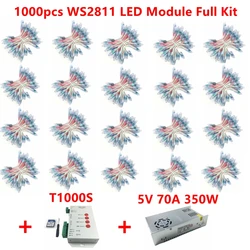 1000pcs WS2811 Led Pixel Modules DC 5V 12mm Full Color Waterproof Digital RGB Pixel Light DC5V 70A Power T1000S Controller Kit