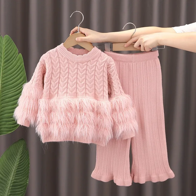 Girls jumper long imitation mink hair 2-piece set 2025 autumn winter new female treasure round neck jumper trousers suit