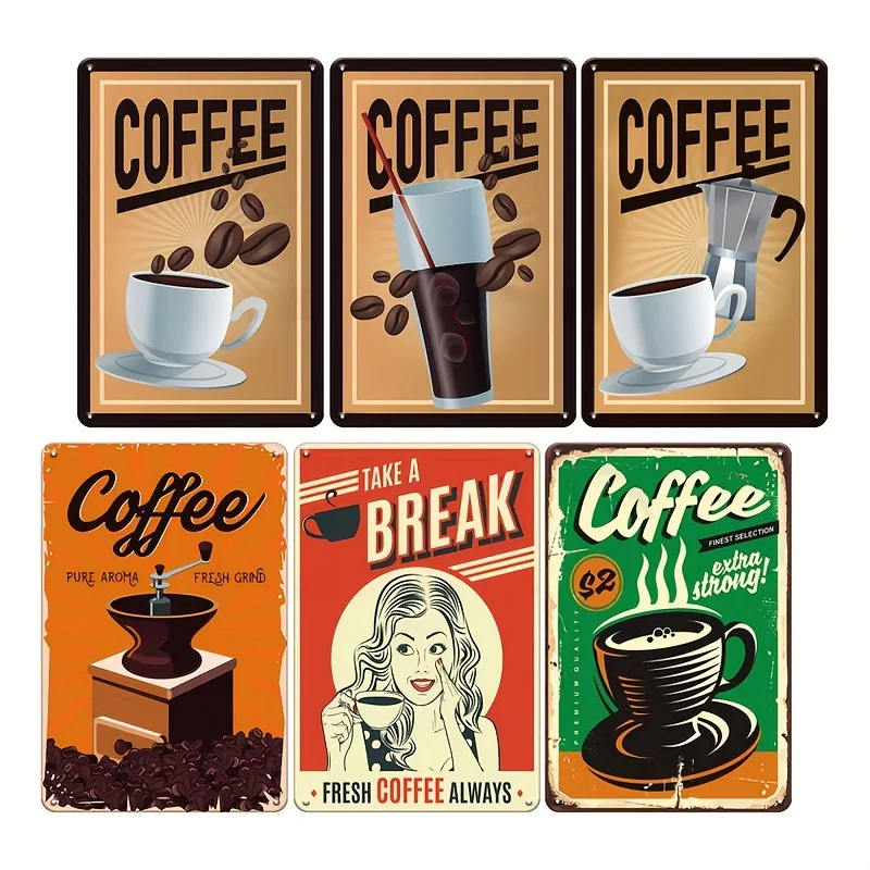 

Набор из 6 старинных жестяных вывесок на кофейной тематике — ретро-железный настенный рисунок для кухни, бара, кафе и домашнего декора, идеально подходит для мужских пещер