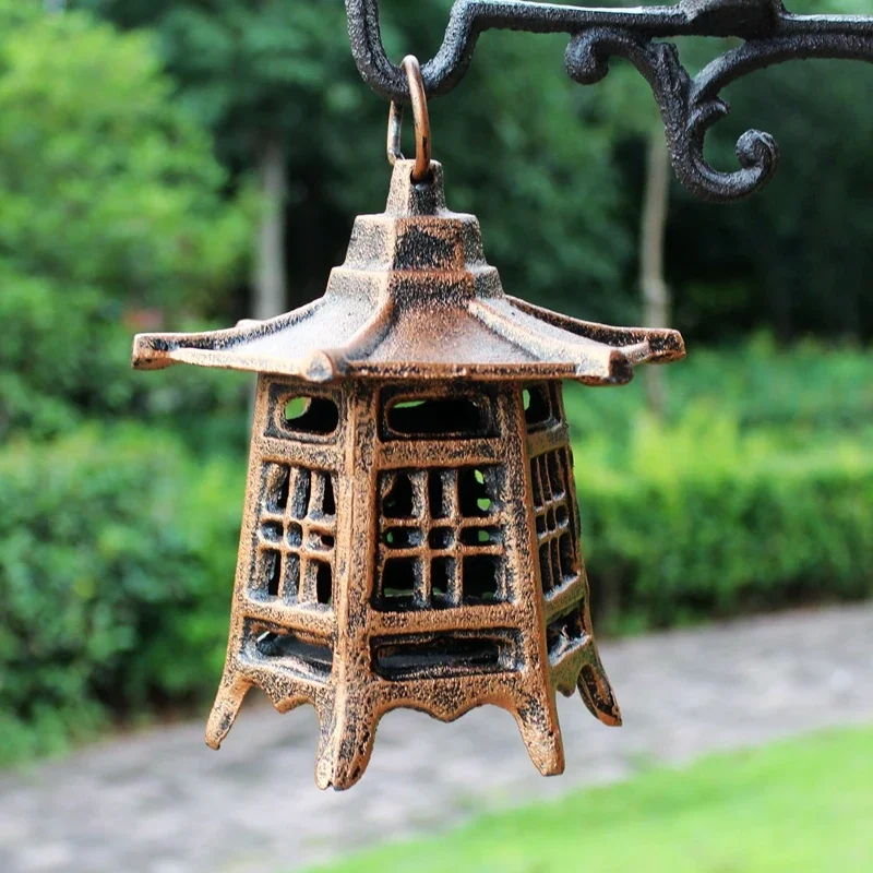 Vintage Cast Iron Pagoda Tea Light Holder Small Heavy Antique Copper Metal Garden Outdoor Hanging Tea Light Candle Lantern Lamp