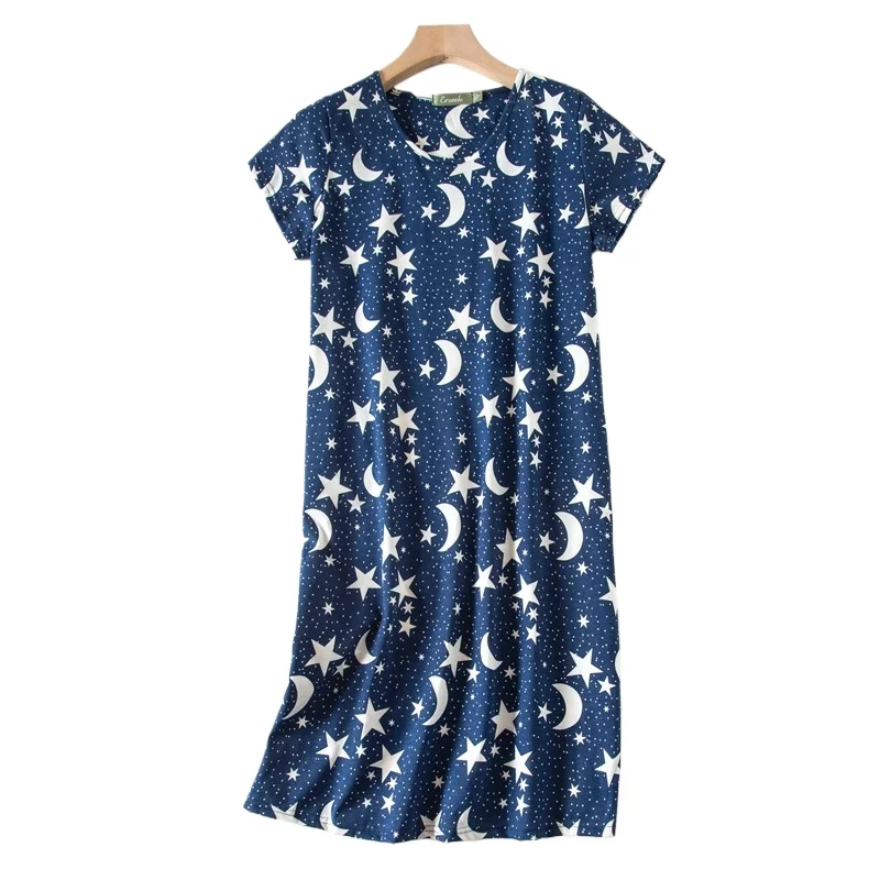 

Women Sexy Nightwear with Star Moon Pattern Cotton Loungewear Round Neck Laides Sleepwear Nightgown Big Size Girl Pajamas Dress