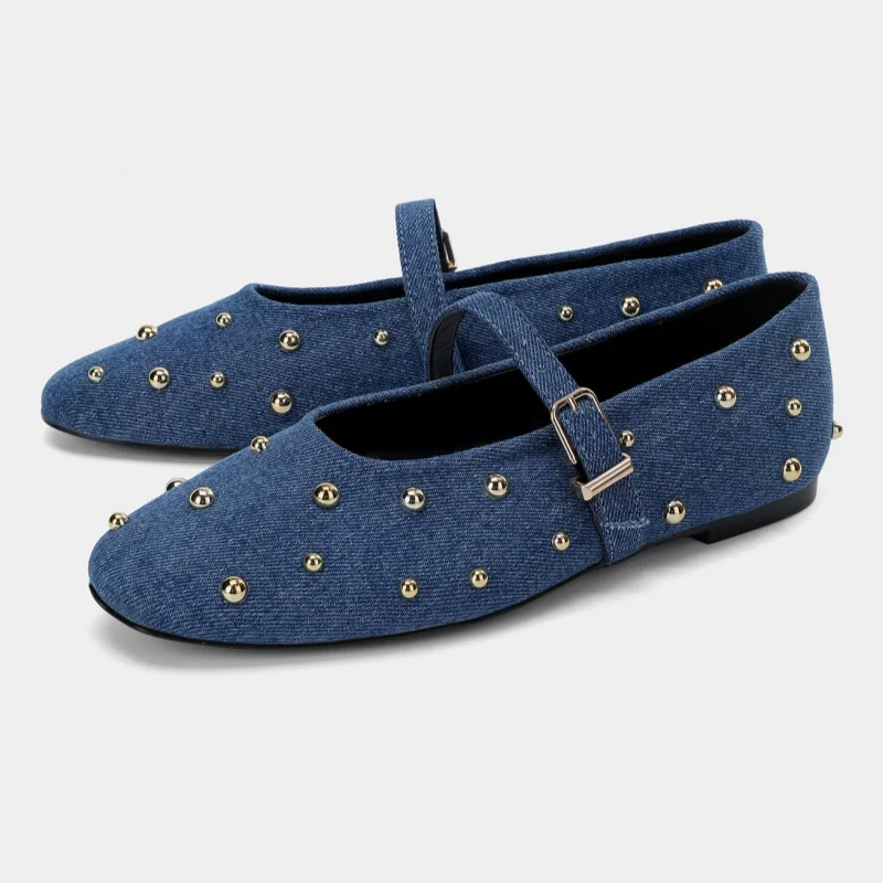 

﻿ Мэри Джейн, модная дизайнерская женская обувь с круглым носком и металлическими заклепками, удобные туфли с мелкой пряжкой, синие джинсовые балетки на плоской подошве