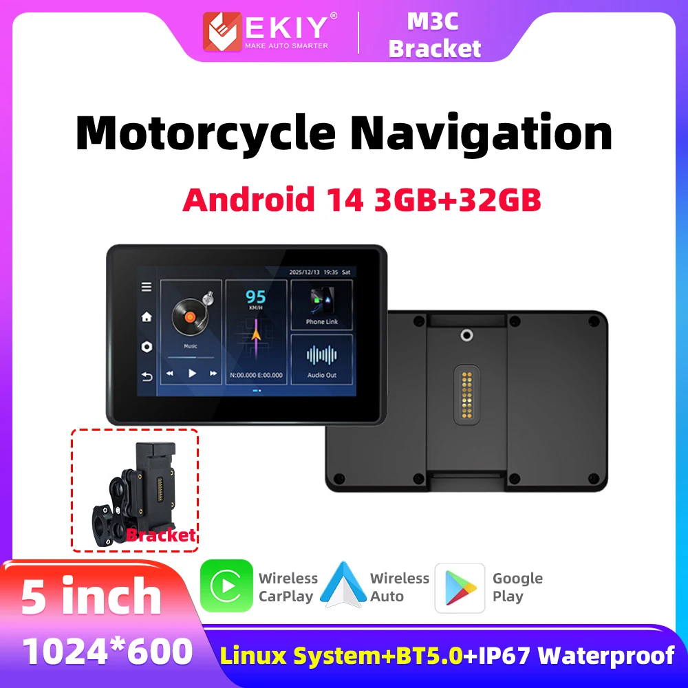 EKIY Android 14 Wireless Carplay Android Auto Motorcycle GPS Navigation Motorbike Portable Waterproof Display Bracket Screen
