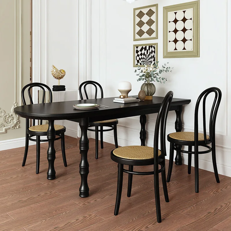 French retro light luxury all solid wood dining table household small apartment designer creative workbench semi-round against t