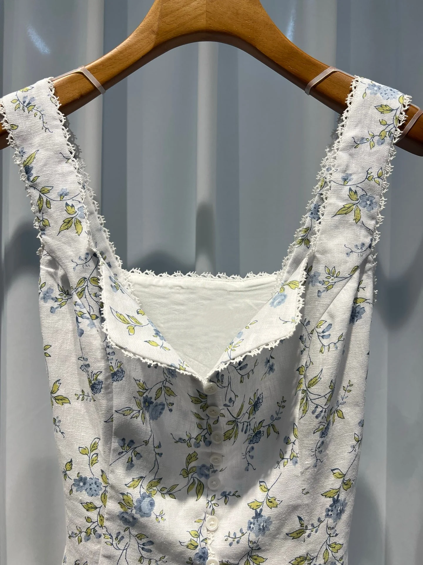 Women Flower Print Vest 100% Linen Lace Edge Square Collar Sleeveless Casual Female Tank Top