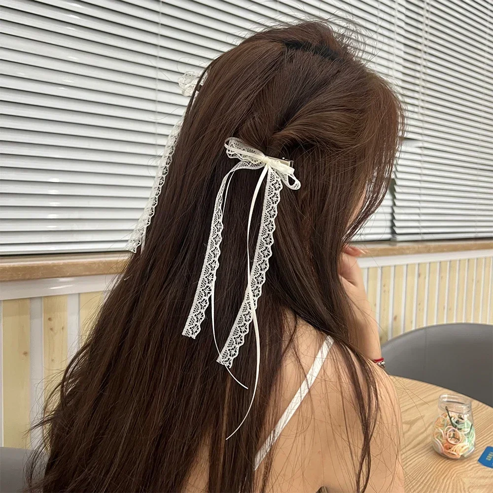 2Pcs White Sweet Lace Long Bow Hair Clip Women Girls Ribbon Tassel Bowknot Hair Pins Braid Barrettes Trend Hollow Out Headwears