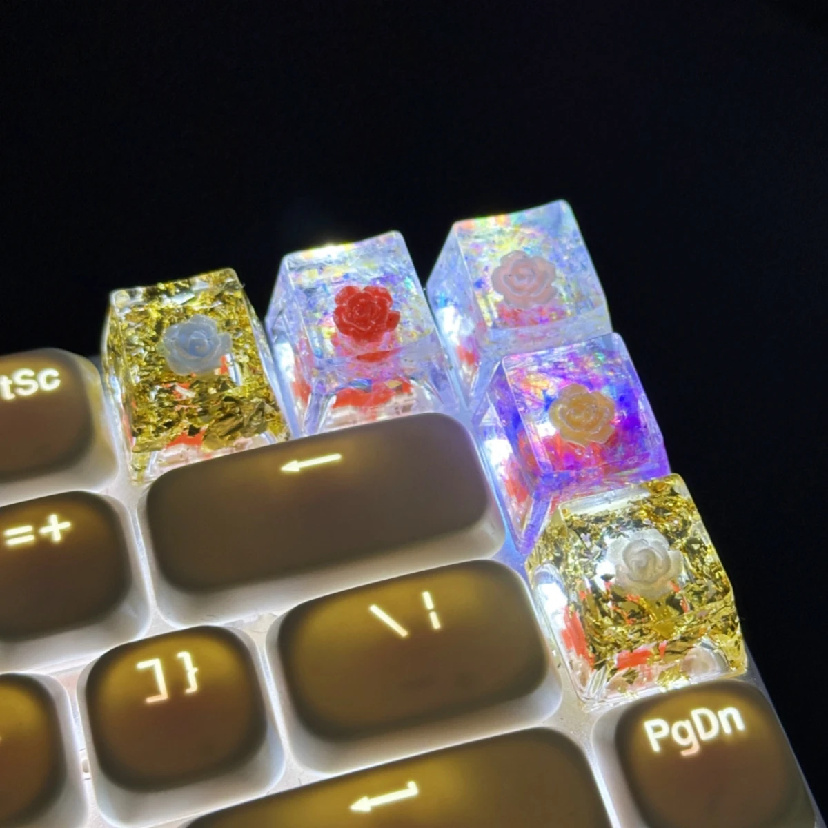 Harz-Rosenblüten-Tastenkappen Original Personalisierte Transparente Silber-Gold-Folien-Tastenkappe Kreuzschaft Mechanische Tastatur-Tastenkappen