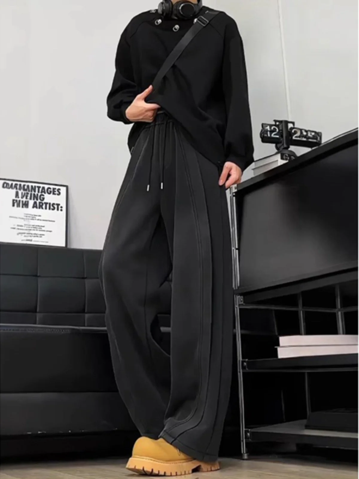 

Bla Waed Straight Leg Woolen Sweatpants Men's Spring Autumn Heavyweight Casual Spor Trousers American Deconstructed Sle