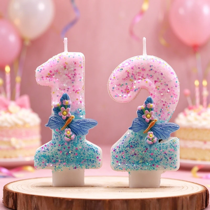 Pink Blue Gradient Glitter Number Candle with Butterfly Floral Ornament, Kids Birthday Cake Topper