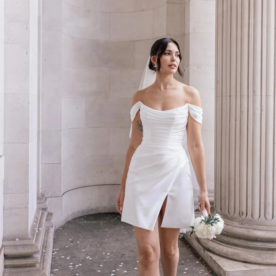 Vestido de novia corto blanco de fiesta con cuello redondo, moderno, Simple, manga casquillo, 2024, Mini lado escalonado S, personalizado a las medidas 2024