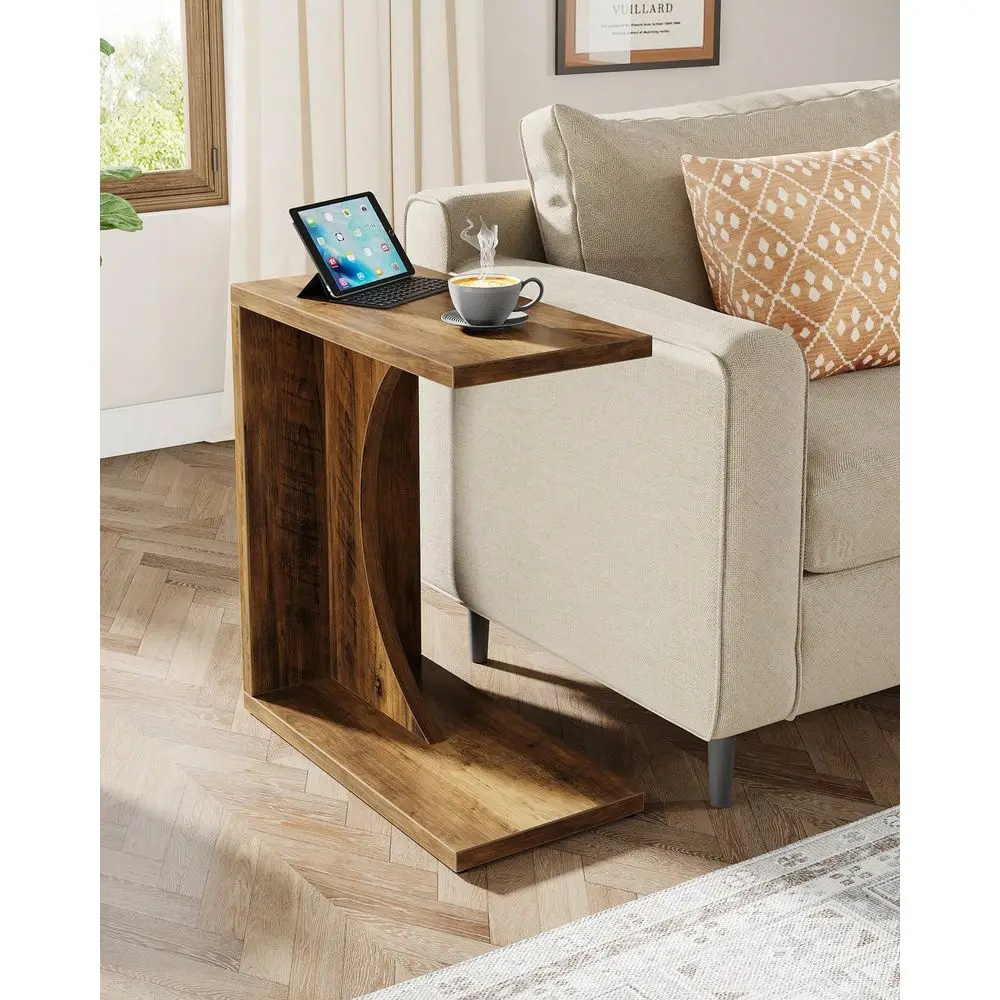 Rustic Brown CShaped End Table, Small Sofa Side Table Couch Table For Living Room, Bedroom